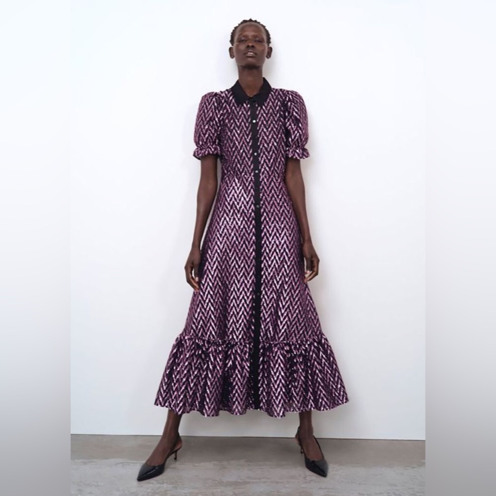 Zara metallic pink thread and black chevron dress